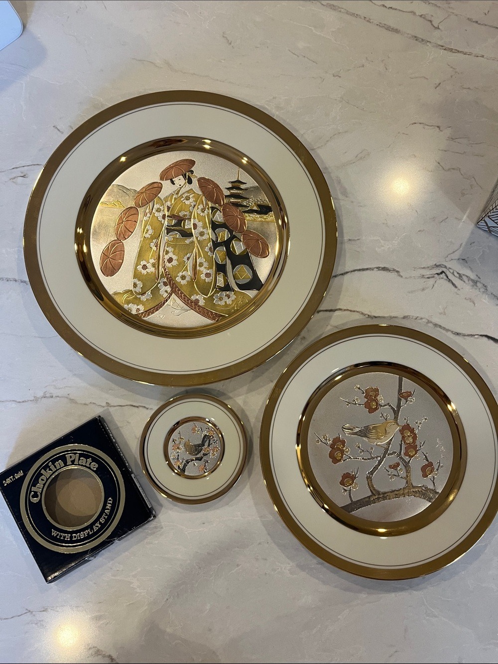 24k Gold-Trim Numbered Japanese Collectible Chokin Plate Set with Asian Motifs